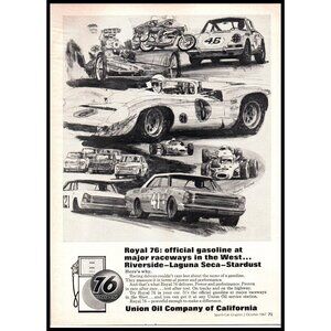 1967 Union Oil Royal 76 Gasoline Vintage Print Ad Race Car Drawings Wall Art